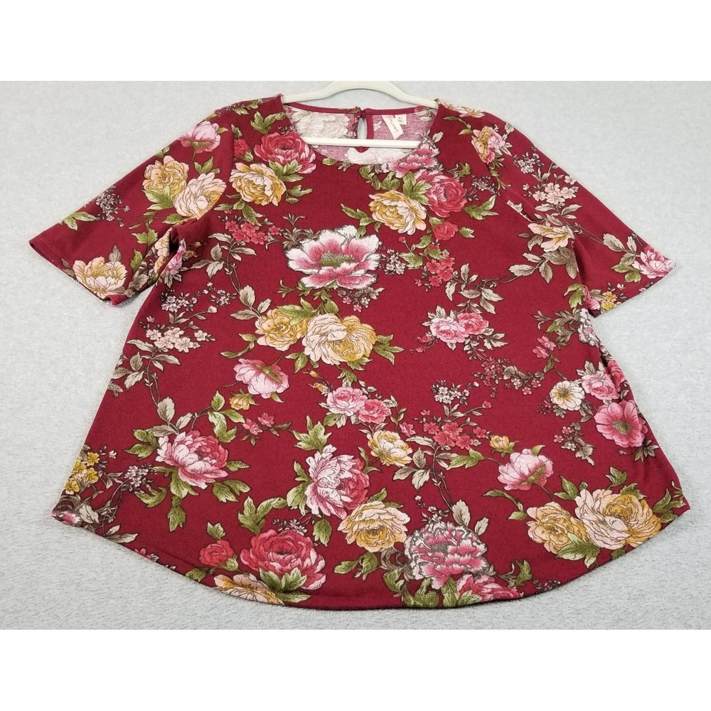 Tacera Tunic Top Women XL Red Pink Floral Short Sleeve Stretch Spring Boho Knit